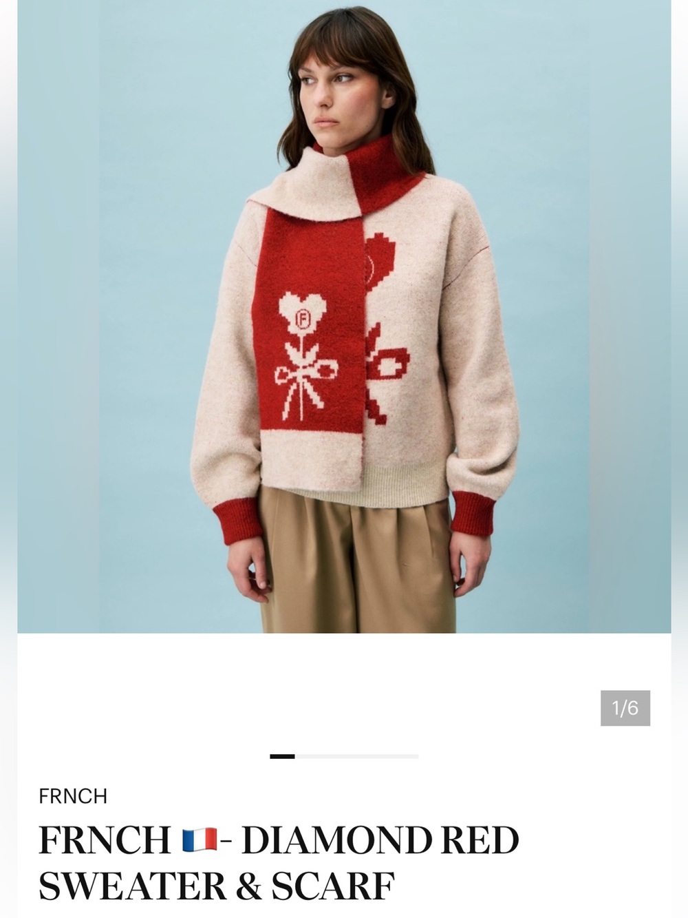 NWT FRNCH Red & Cream Diamond Knit Sweater with matching Scarf